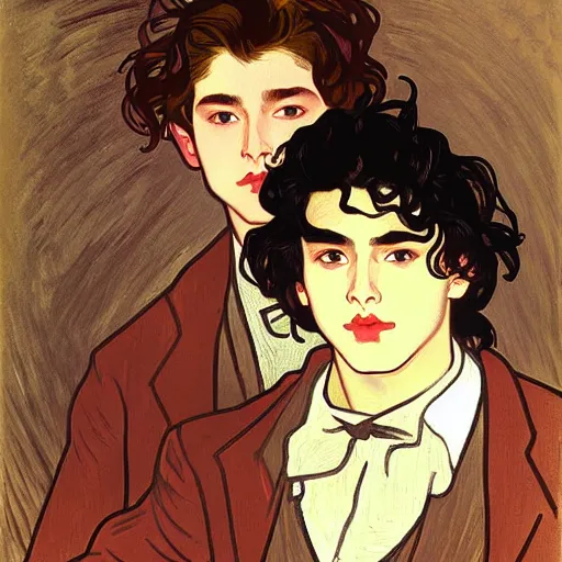 Image similar to painting of young cute handsome beautiful dark medium wavy hair man in his 2 0 s named shadow taehyung and cute handsome beautiful min - jun together at the halloween! party, bubbling cauldron!, candles!, smoke, autumn! colors, elegant, wearing suits!, clothes!, delicate facial features, art by alphonse mucha, vincent van gogh, egon schiele