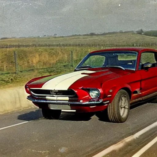 Image similar to coloured photograph of a muscled young white bald guy with broad shoulders, black shirt and a large chest driving a racing red mustang down a british road, high detail