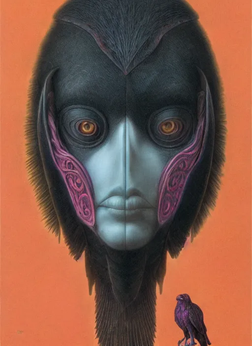 Image similar to young female in detailed golden mask of raven by Wayne Barlowe