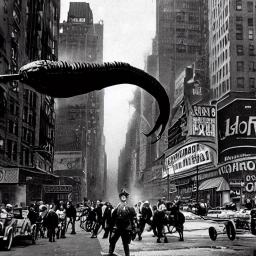 Prompt: old black and white photo, 1 9 1 3, depicting a xenomorph from the movie aliens rampaging through the bustling streets of new york city, historical record