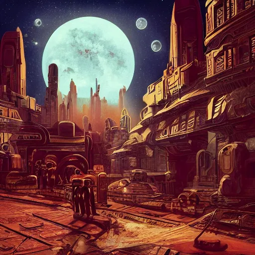 Prompt: astronaughts exploring a city on mars, retro, 1 9 2 0's sci - fi, deep aesthetic colors, 8 k, highly ornate intricate details, extreme detail,