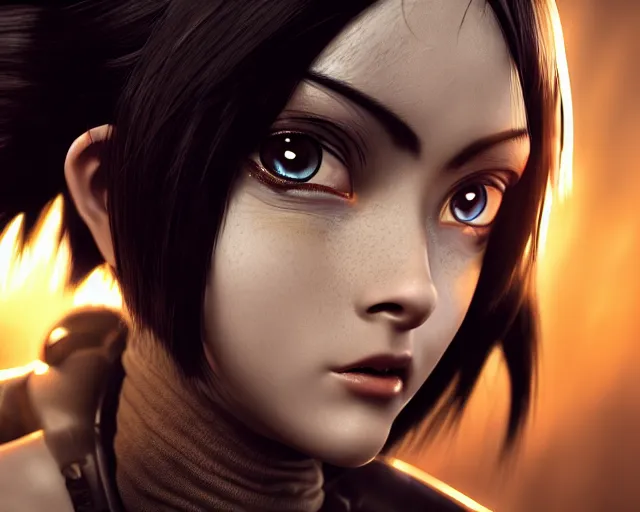 Image similar to battle angel alita, beautiful portrait, doe eyes, mouth open, photorealistic, lifelike, octane engine, cinematic lighting, high detail, high resolution