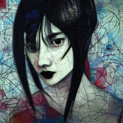 Image similar to yoshitaka amano blurred and dreamy realistic three quarter angle portrait of a young woman with black lipstick and black eyes wearing dress suit with tie, junji ito abstract patterns in the background, satoshi kon anime, noisy film grain effect, highly detailed, renaissance oil painting, weird portrait angle, blurred lost edges