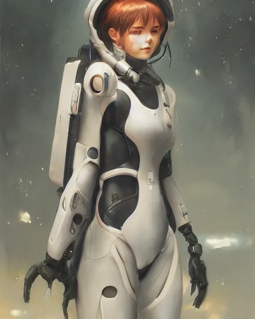 Image similar to Hyper realistic painting of a beautiful girl in an EVA plugsuit, hyper detailed, anime, by greg rutkowski, trending on artstation