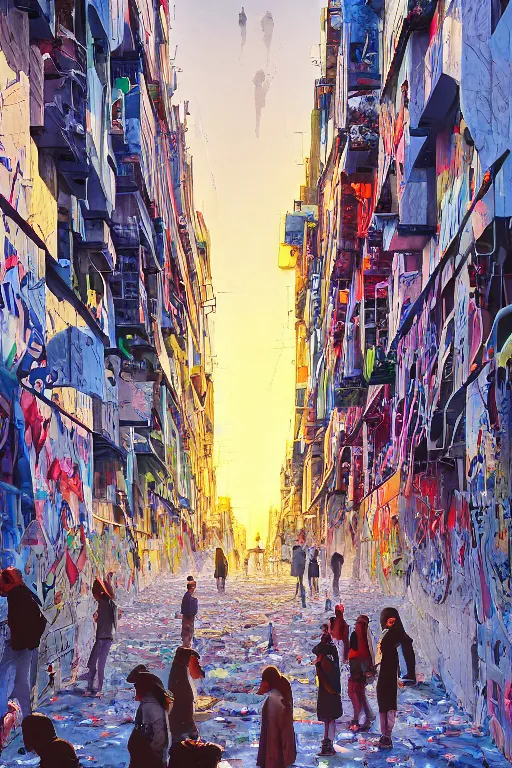 Prompt: people in a busy city people looking at a white building covered with a 3d graffiti mural with paint dripping down to the floor, hiroshi yoshida, painterly, yoshitaka Amano, artgerm, moebius, loish, painterly, and james jean, illustration, sunset lighting