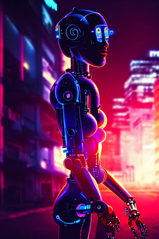 Image similar to a photo close up cyberpunk robot - girl stands in a cyberpunk cambodian street, at night, photorealistic, cinematic lighting, very detailed, style by tomino - sama