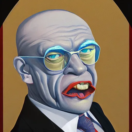 Prompt: Portrait of Mr. Powerful wearing a business suit, very coherent, painted by Edward Hopper, Wayne Barlowe, painted by James Gilleard, airbrush, art by JamesJean