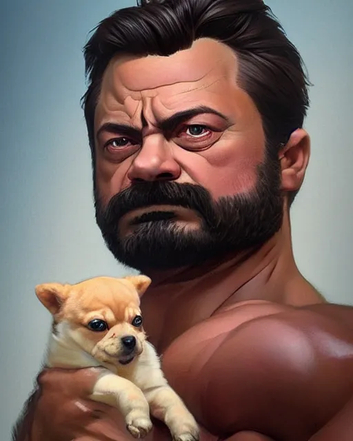 Prompt: gigachad ron swanson bodybuilder holding a cute puppy in final fight mountain by ilya kuvshinov, ernest khalimov body by krista sudmalis, fantasy character portrait, ultra realistic, concept art, intricate details, elegent, digital painting, smooth, sharp focus, illustration, art by artgerm and greg rutkowski and alphonse mucha, artstation