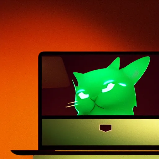 Prompt: a hacker cat, green hoodie accomplished look, dark background, sitting at a laptop, terminal console on screen, shadows, matte painting, bold shapes, hard edges, octane render, unreal engine