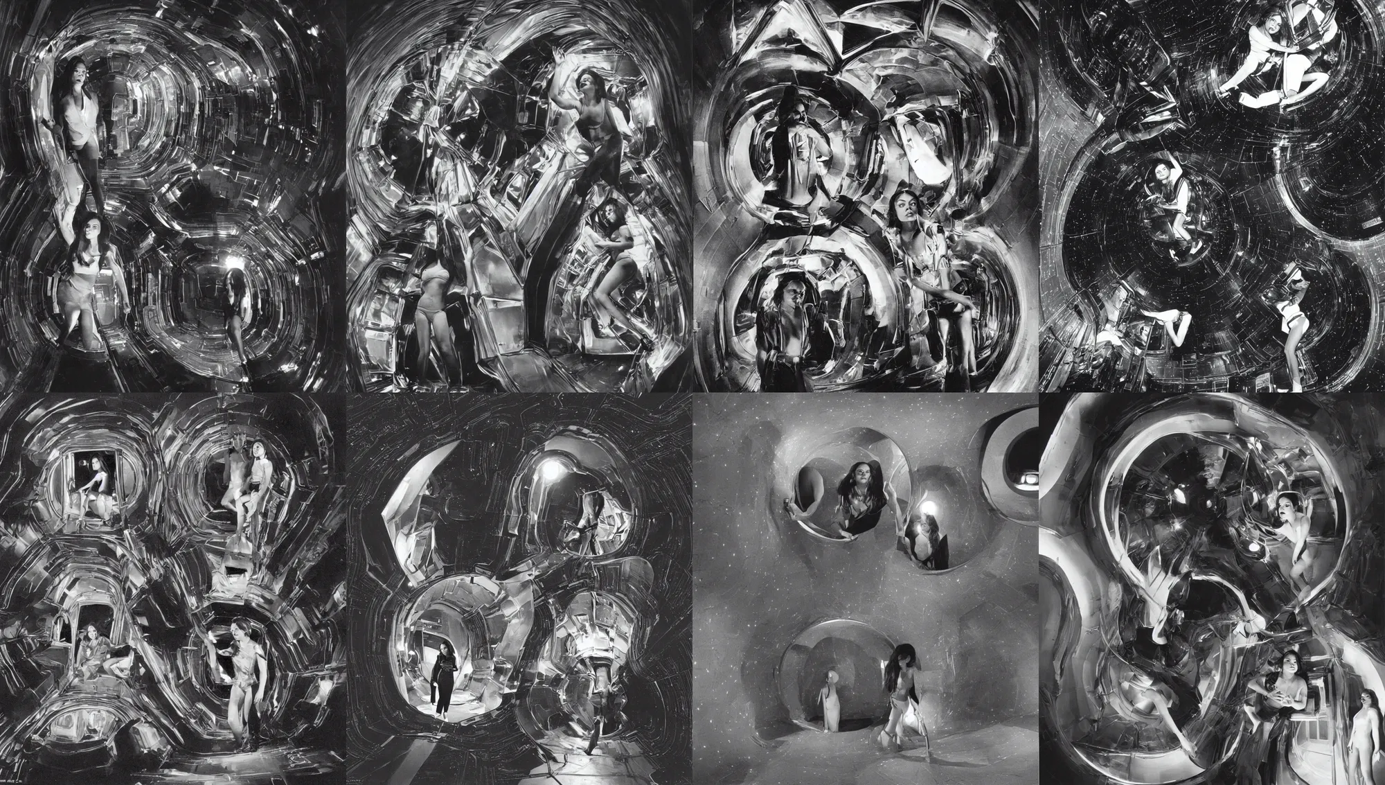 Prompt: portrait of Mila Kunis sbeaking around the inside of a claustrophobic dark space ship, 1970s, Ludek Pesek, Rick Guidice, Chesley Bonestell, Lucien Rudaux, Rolf Klep, Fred Freeman, George Pal