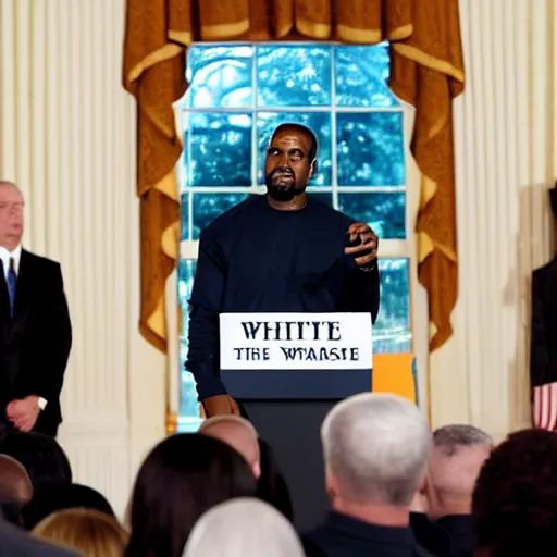 Image similar to president kanye west giving a speech at the white house