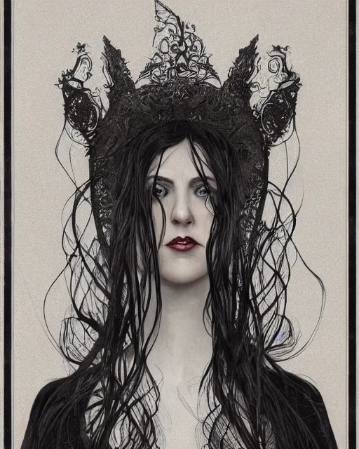 Image similar to portrait of evil a tall 4 0 - year - old woman with thin lips, heavy - lidded eyes, a strong jaw and long, thick shining black hair, thick eyebrows and long eyelashes, wearing in black clothes, hyper realistic face, beautiful eyes, fantasy art, in the style of greg rutkowski, intricate, alphonse mucha, hyper detailed, smooth