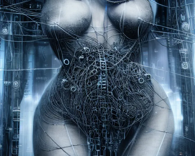 Image similar to photo of the torso of a woman plugged into a quantum computer with cables and wires. cyberpunk horror style. art by luis royo. highly detailed 8 k. intricate. nikon d 8 5 0 5 5 mm. award winning photography.
