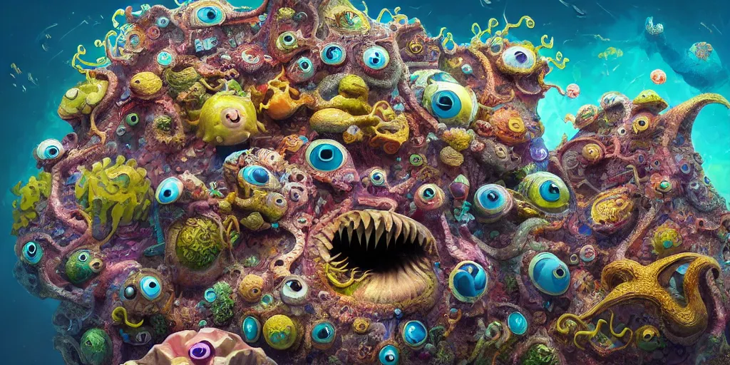 Image similar to of an intricate sea reef with strange cute friendly happy creatures with huge eyes, mouth, long tongue, round teeth and goofy face, appearing from the background, in the style of gehry and gaudi, macro lens, shallow depth of field, ultra detailed, digital painting, trending artstation, concept art, illustration, cinematic lighting, photorealism, epic, octane render