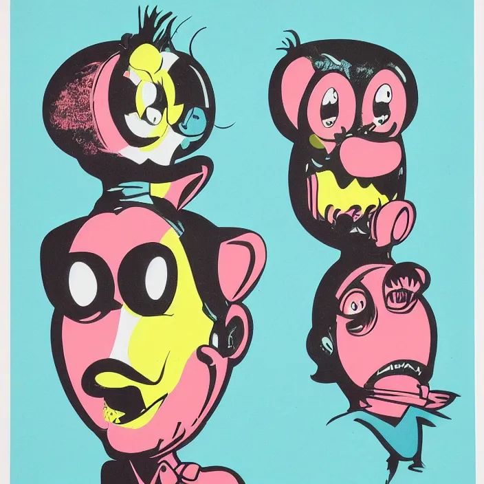 Image similar to risograph of two retro cartoon character faces by gary baseman and gavin mccarthy