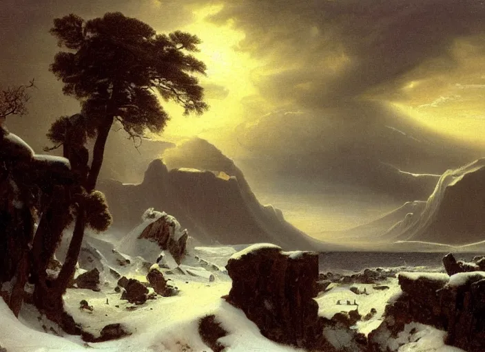 Prompt: earth after the cretaceous – paleogene extinction event, a harsh winter cools down the earth, blizzards envelop the lands and barely any sunlight gets through the thick dust clouds, dark skies, thick snow in the style of hudson river school of art, oil on canvas