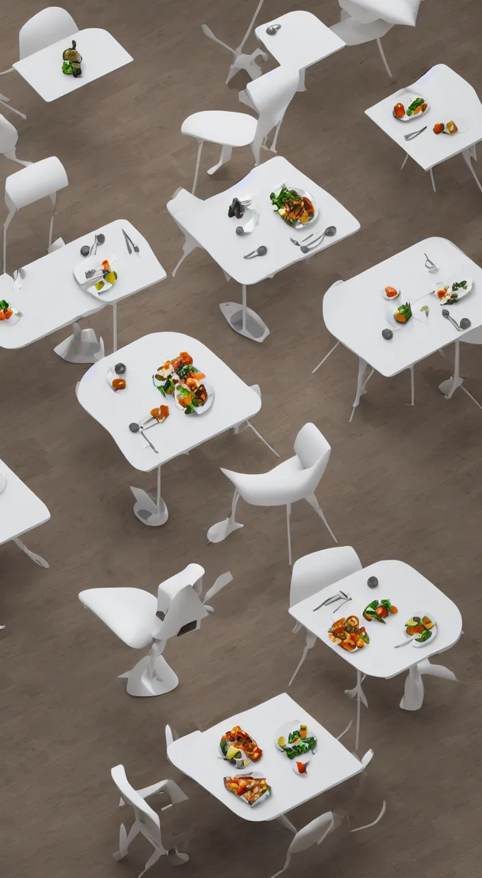 Image similar to three large white glossy kuka industrial robot arms on the floor around a dinner table, the kuka industrial robot arms are wearing bow ties, the table is full of food, they are having dinner inside a fine dining restaurant with mid century modern furniture and decor, global illumination, artstation, fantasy