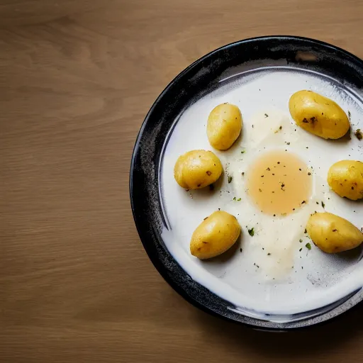 Prompt: dslr photograph of a michelin starred restaurant dish consisting of potatoes, goat cheese and honey foam, 4 0 mm f 2