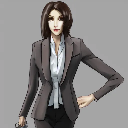 Image similar to woman in grey business suit, brown neat hair, pixiv, fanbox, trending on artstation, portrait, modern, sleek, highly detailed, formal, serious, determined, competent, colorized, smooth, charming, pretty, safe for work