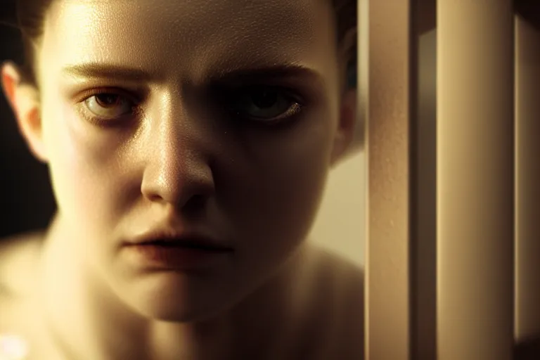 Prompt: an ultra realistic, cinematic, close up portrait, of a young woman, fire, dramatic, soft light, dreamy, facial features, stood in a cell, with prison clothing, detailed, deep focus, movie still, dramatic lighting, ray tracing, by michal karcz and yoshitaka and david cronenberg