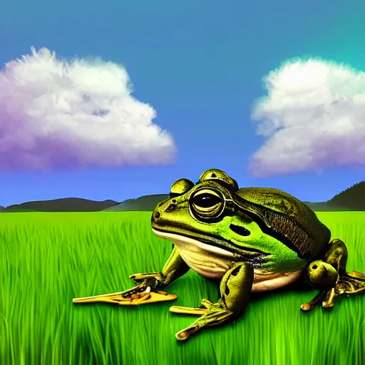 Prompt: Giant frog in an open field, panoramic, digital art, ultra detailed