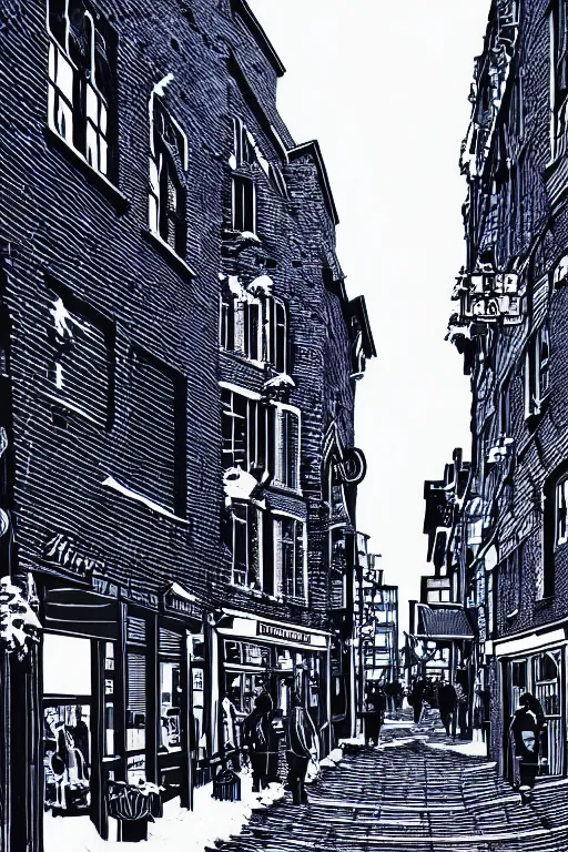 Prompt: a beautiful linocut print of carnaby street, 8 k, frostbite 3 engine, cryengine, dof, trending on artstation, digital art, crepuscular ray, art by fossi _ images and tugboat printshop