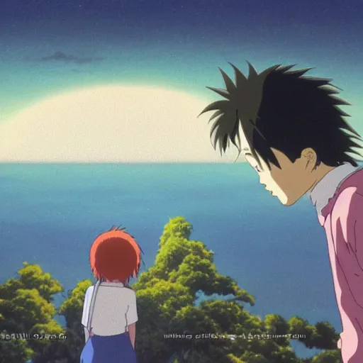 Image similar to looking at the moon, anime by Studio Ghibli, realistic, by Hayao Miyazaki