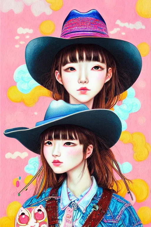 Prompt: girl wearing a cowboy hat, style of yoshii chie and hikari shimoda, highly detailed