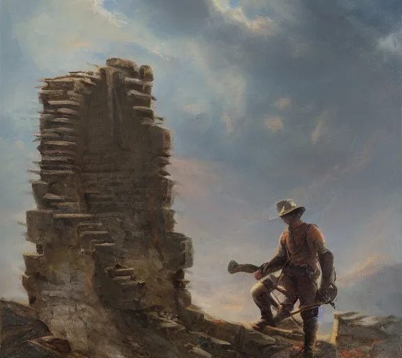 Prompt: landscape portrait of tyler childers working on a building out of hand hewn brimstone, all alone by william sidney mount, trending on artstation
