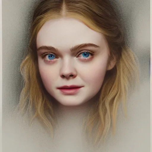 Prompt: Elle Fanning by the fire, head and shoulders portrait, extremely detailed masterpiece, chiaroscuro,