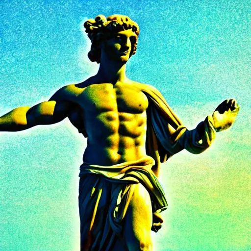 Prompt: greek statue dabbing, 9 0 s style psychadelic background, grainy artifacts