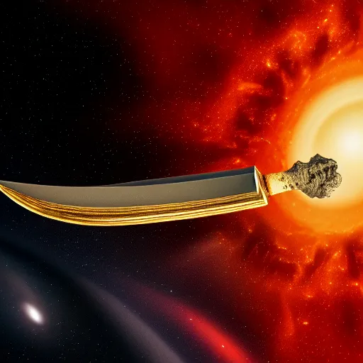 Image similar to concept art of a dagger made of black holes, black hole dagger, 8 k resolution