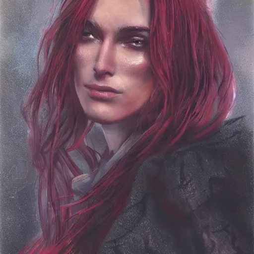 Prompt: beautiful female mage with red hair, keira knightley, black clothing, dark feathered wings, intricate, highly detailed face, trending on artstation, dramatic lighting, hyperrealistic, fantasy, portrait, highly detailed, headshot, digital painting, trending on artstation, concept art, sharp focus, illustration