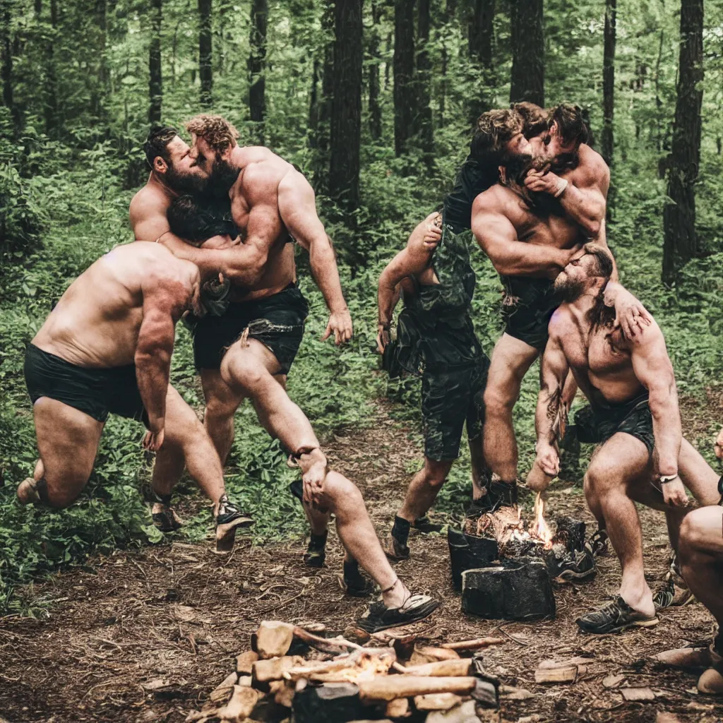 Image similar to big hairy strongmen in shorts in a forest, cuddling and kissing around a campfire, daddy energy, wholesome, cute, love, photography, high details, epic, high resolution