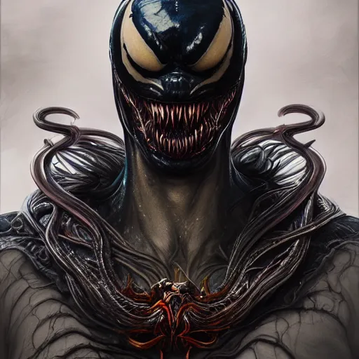 Image similar to portrait of venom, intricate artwork, concept art, octane render, deviantart, cinematic, key art, hyperrealism, iridescent accents, portrait photograph, nikon 3 5 mm, photograph by greg rutkowski