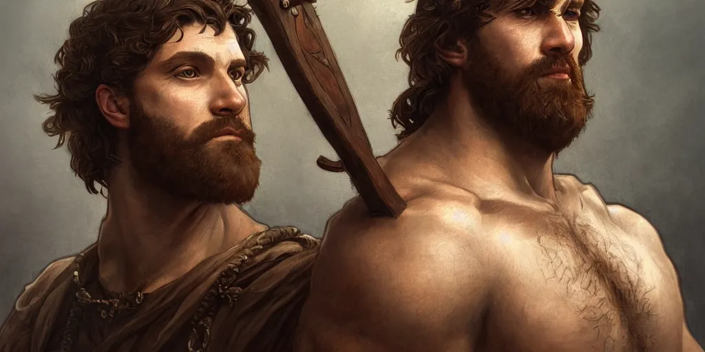 Prompt: renaissance upper body portrait of a gruff ranger with a spear, lean and toned, handsome face, hairy chest, Savage Worlds, intricate, elegant, highly detailed, digital painting, artstation, concept art, matte, sharp focus, illustration, art by da Vinci, Artgerm and Greg Rutkowski and Alphonse Mucha