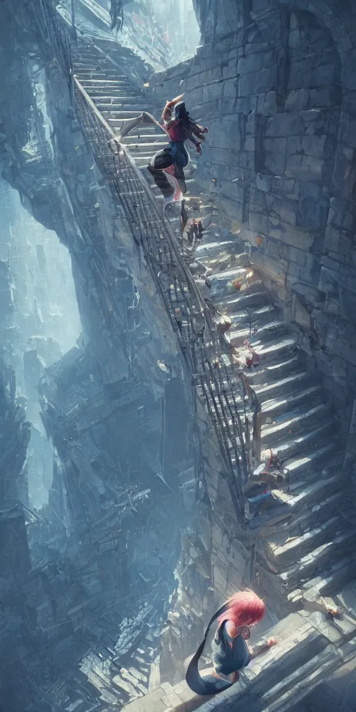 Prompt: a girl climbing an isometric endless staircase. By Tetsuya Nomura. Square Enix. By Greg Rutkowski Masterpiece, torchlit, octane