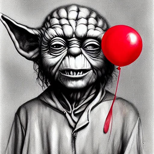 Image similar to surrealism grunge cartoon portrait sketch of yoda with a wide smile and a red balloon by - michael karcz, loony toons style, freddy krueger style, horror theme, detailed, elegant, intricate