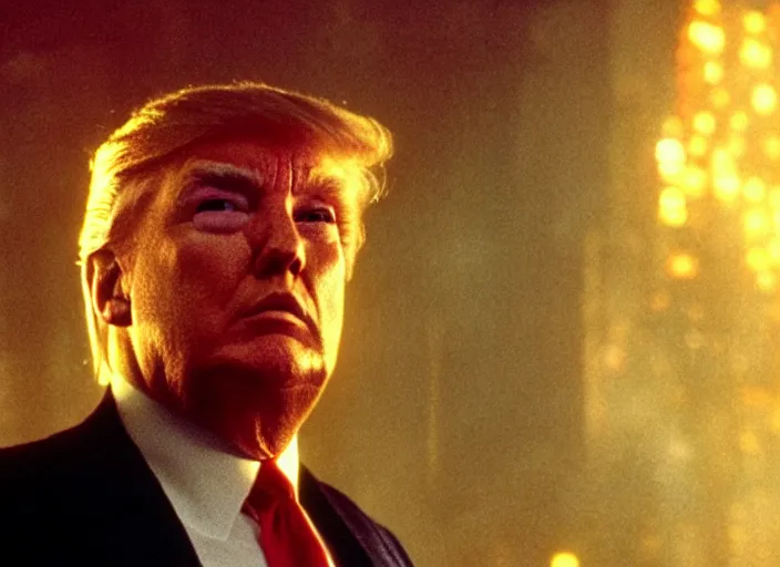 Image similar to film still donald trump meditating in blade runner, 8 k