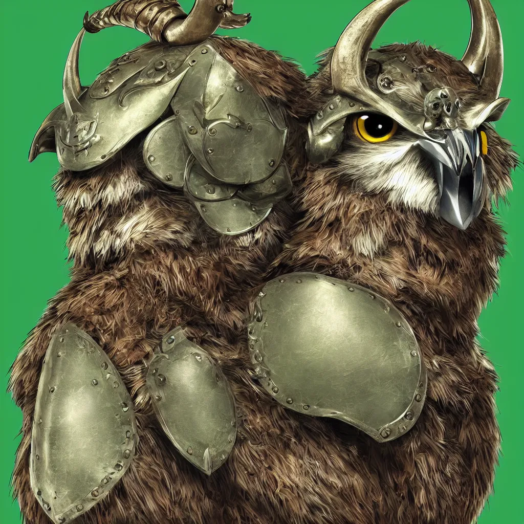 Prompt: An award winning digital art piece of a furry, photorealistic, cinematic, highly detailed, realistic anthropomorphic owl wearing a horned viking helmet, shield, and green shirt.