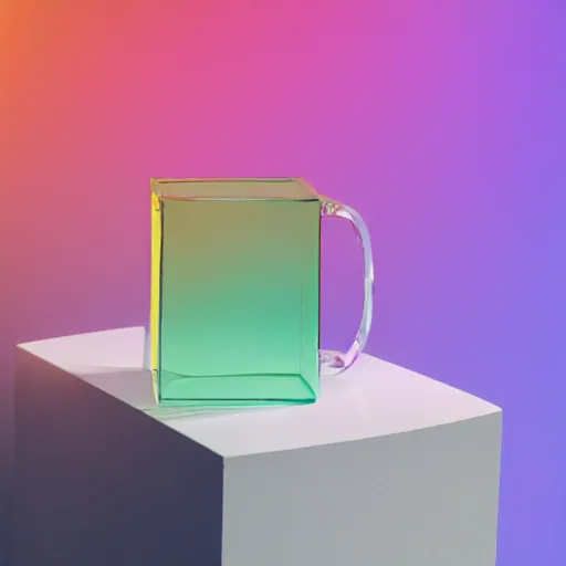 Image similar to an ultra high definition professional studio quality photograph of a transparent perspex cube shaped pastel coloured mug on a white plinth in an empty white room. dramatic lighting, ray tracing, refraction, shallow d. o. f, colour corrected, golden ratio, three point light.