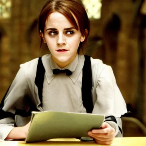 Image similar to Still from Harry Potter movies, Emma Watson using a computer during school