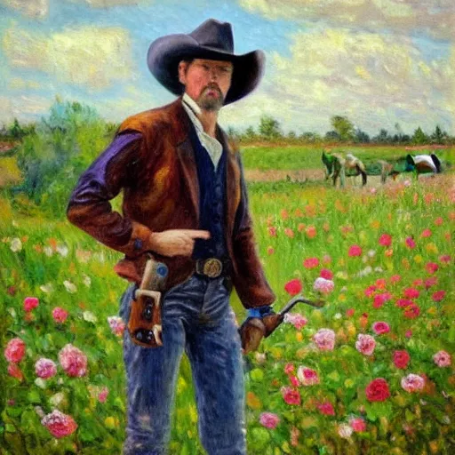 Image similar to an impressionist painting of a tall man with blue eyes that is wearing a cowboy hat and a leather vest. He is holding a revolver in his left hand and a rose is in his right hand. He is standing in a field of roses.