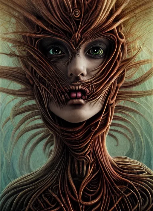 Image similar to realistic detailed image of a young beautiful female queen-vegetal-dragon-cyborg, blonde hair blowing in an angry and stormy battle scene, anime art, anime, inspired by H.R. Giger and Zdzislaw Beksinski and Mark Ryden, gothic, rich deep colors. A masterpiece, matte painting, digital art, trending on artstation.