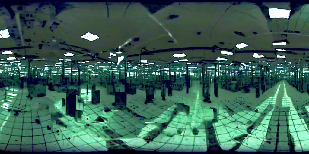 Prompt: abandoned human robot android factory in a mall, distorted 8 mm video still