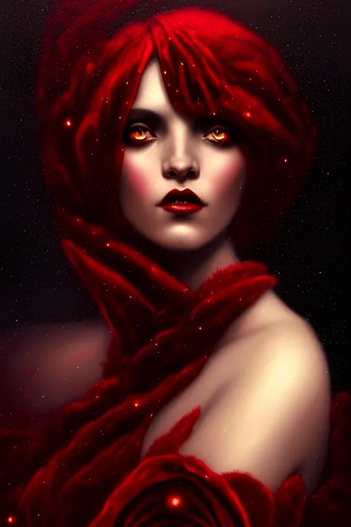 Image similar to Nocturne, glowing, stars, a portrait of black furry shadow monster hybrid woman, highly detailed, mysterious, ethereal, dressed in red velvet, haute couture, illustration, dramatic lighting, soft details, painting, by Edmund Blair Leighton, Brom, Charlie Bowater, trending on artstation, faces by Tom Bagshaw, otto schmidt