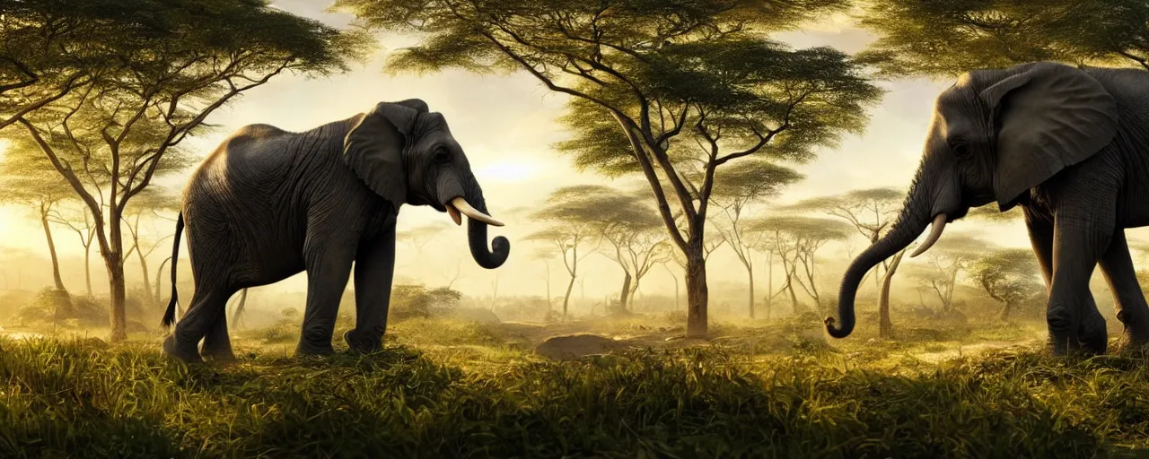 Prompt: baby African elephant standing up in the jungle, beautiful dynamic lighting, cinematic, wide angle establishing shot, extremely high detail, photo realistic, cinematic lighting, post processed, concept art, artstation, matte painting, style by frederic church, raphael lacoste, unreal engine 8k