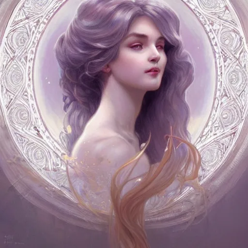 Image similar to goddess, white hair, long hair, hands spread out in prayer, intricate, elegant, ethereal, highly detailed, digital painting, artstation, concept art, smooth, sharp focus, illustration, art by artgerm and greg rutkowski and alphonse mucha