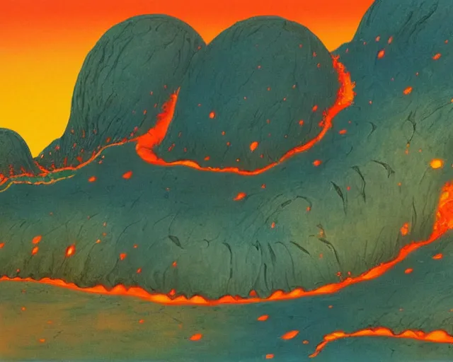 Image similar to roger dean 1 9 8 0 s fire lava volcano imagery, illustration art, album art