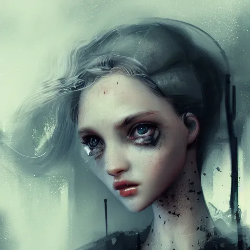 Image similar to a beautiful woman’s face shattered like a porcelaine doll, blurred dystopian city background, sad and dark atmosphere, trending on Artstation, Cgsociety, concept art